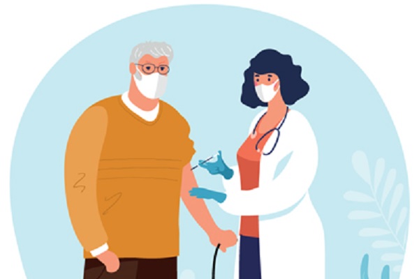 Illustration of a female clinician giving an older man a vaccination
